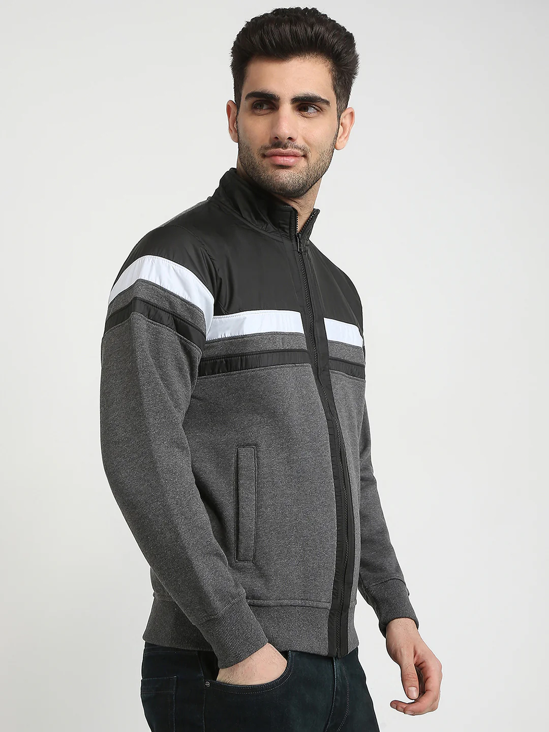 Parx Men Grey Cut & Sew Regular Fit Cotton Blend Full Sleeve High Neck Collar Sweatshirt - Image 3