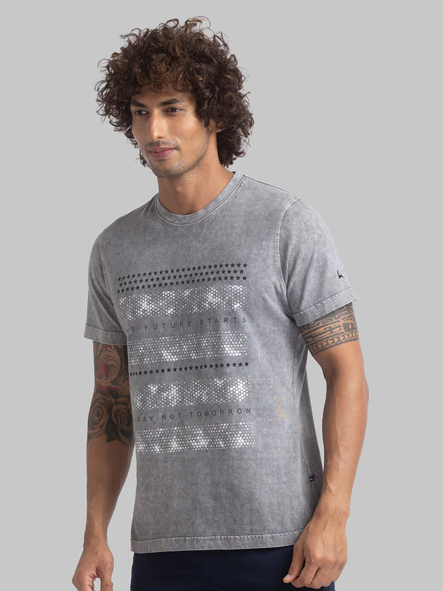 Parx Men Grey Graphic Print Regular Fit Half Sleeve Round Neck T-Shirt - Image 3