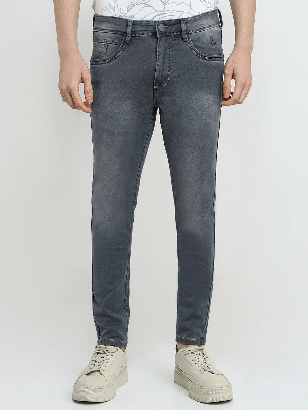 Parx Men Grey Knitted Slim Tapered Fit Cotton Blend Jeans