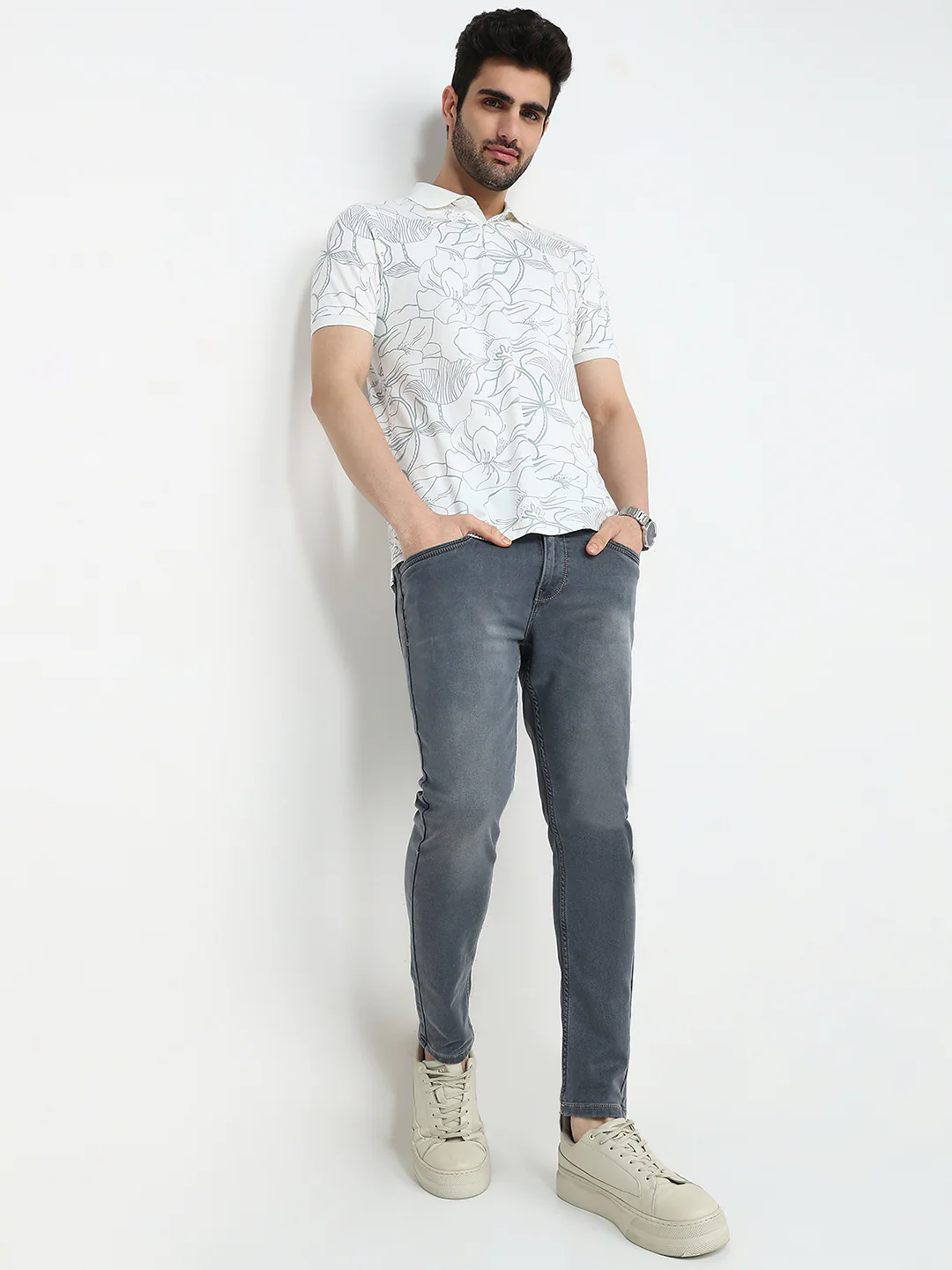Parx Men Grey Knitted Slim Tapered Fit Cotton Blend Jeans - Image 5