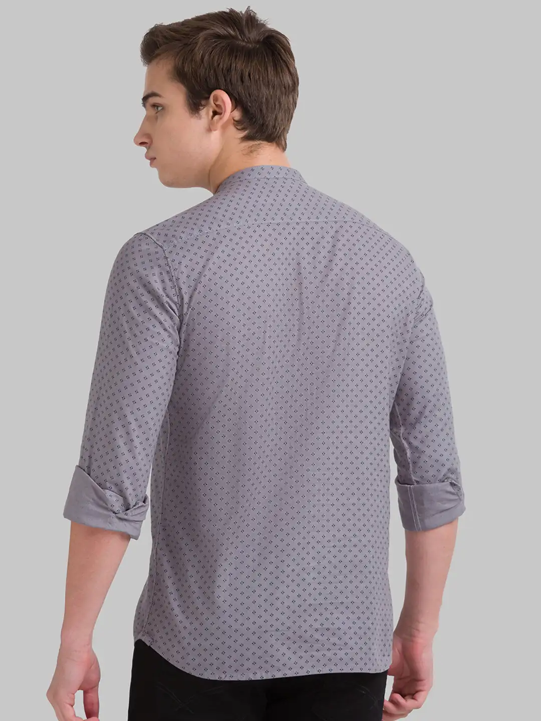 Parx Men Grey Print Slim Fit Cotton Full Sleeve Mandrine Collar Shirt - Image 3