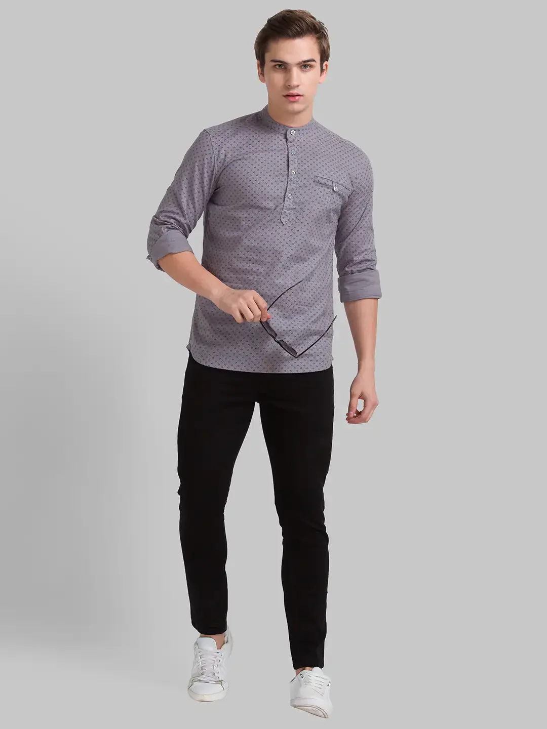 Parx Men Grey Print Slim Fit Cotton Full Sleeve Mandrine Collar Shirt - Image 4