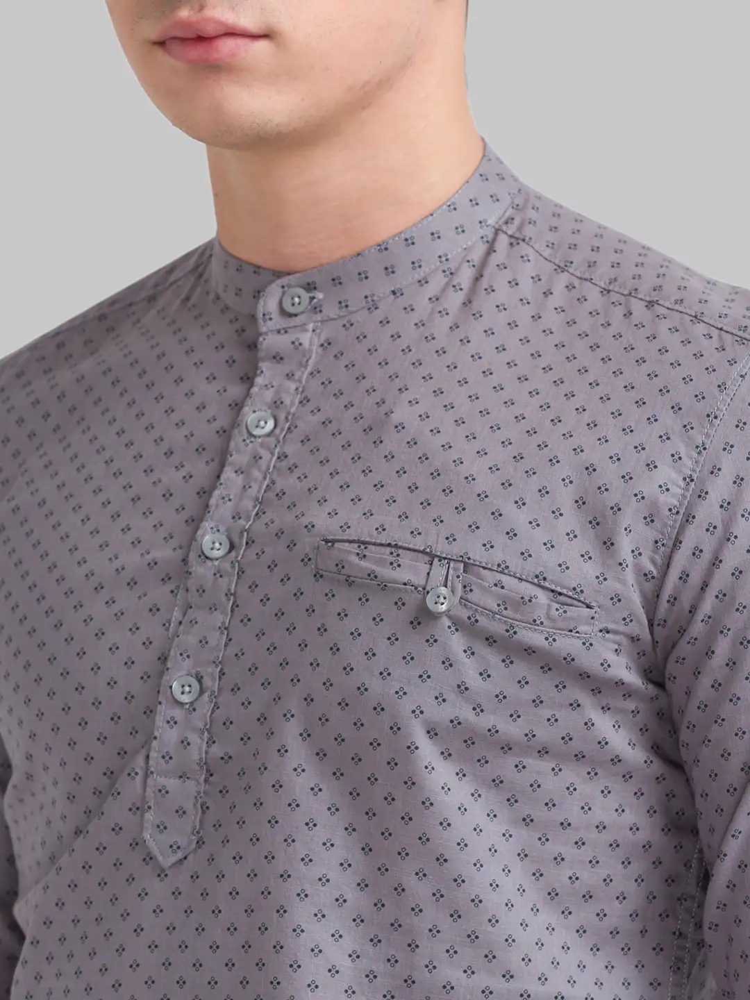 Parx Men Grey Print Slim Fit Cotton Full Sleeve Mandrine Collar Shirt - Image 5