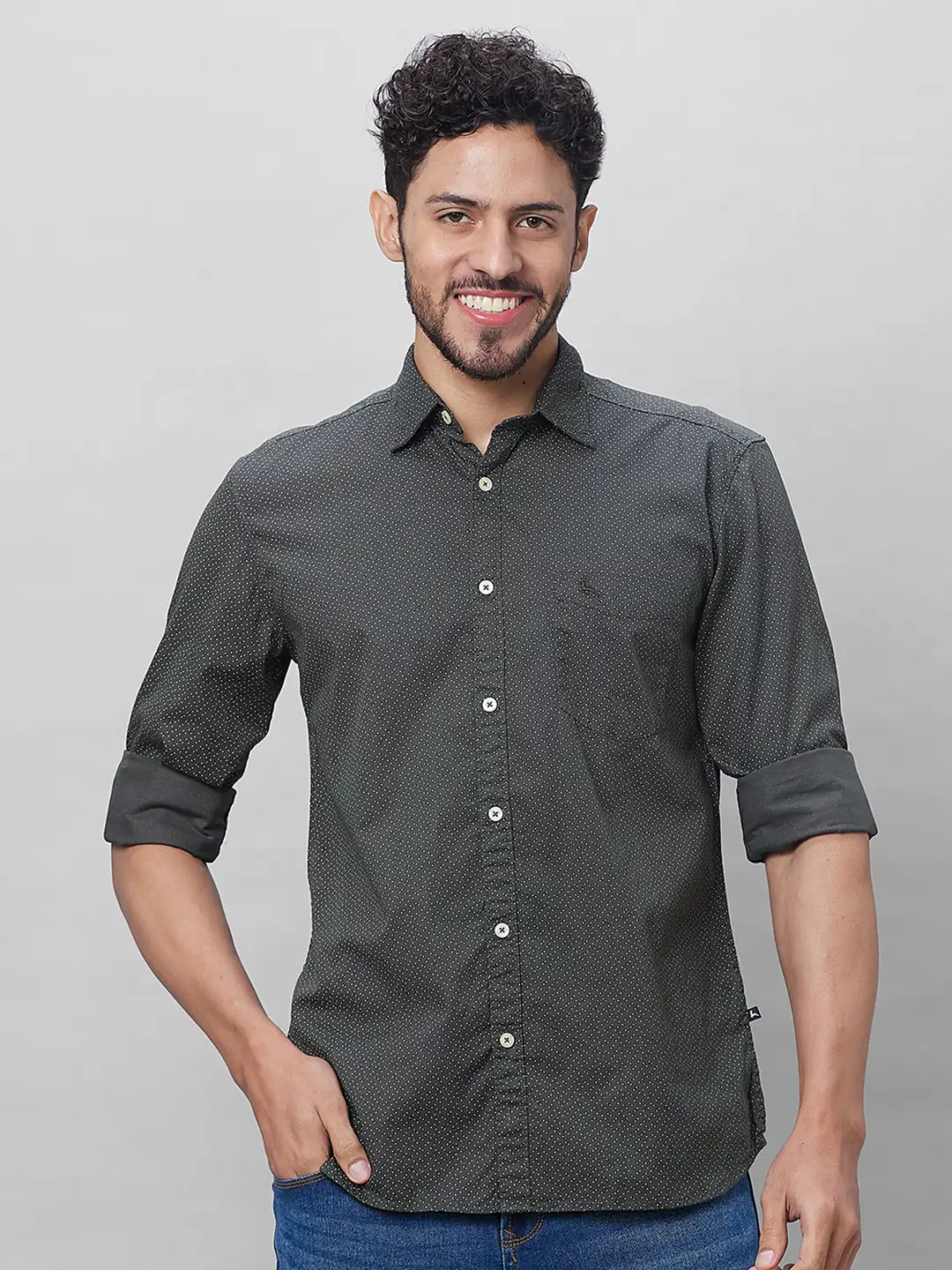Parx Men Grey Print Slim Fit Cotton Full Sleeve Shirts