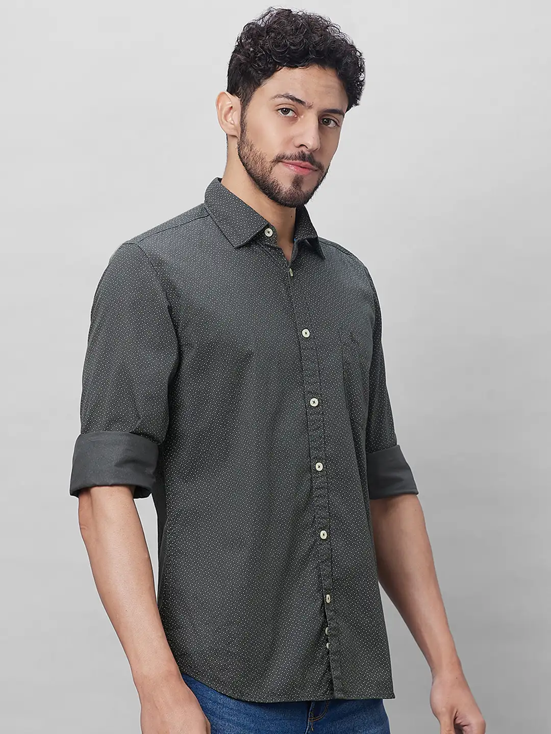 Parx Men Grey Print Slim Fit Cotton Full Sleeve Shirts - Image 2