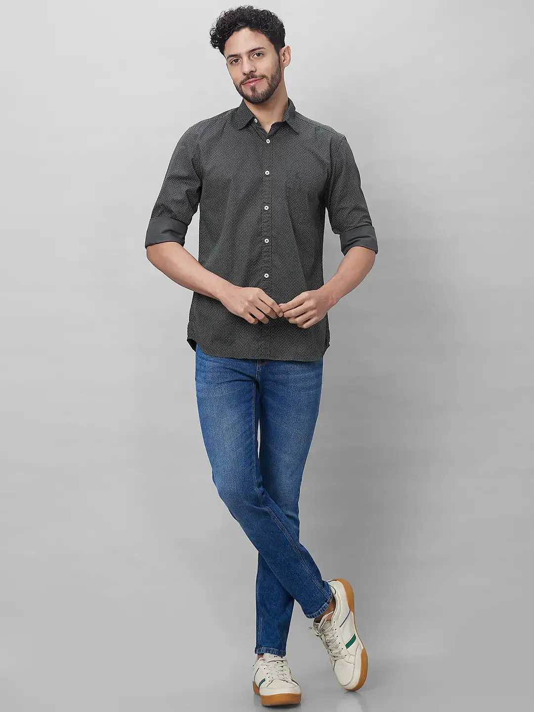 Parx Men Grey Print Slim Fit Cotton Full Sleeve Shirts - Image 5