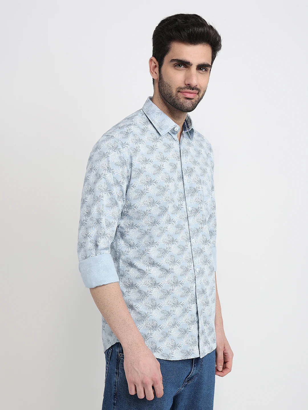 Parx Men Grey Printed Slim Fit Cotton Blend Full Sleeve Cut Away Collar Casual Shirt - Image 3