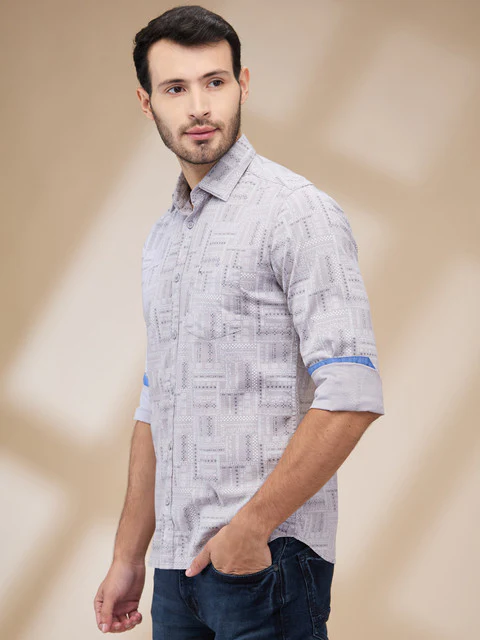 Parx Men Grey Printed Slim Fit Cotton Casual Shirts - Image 3