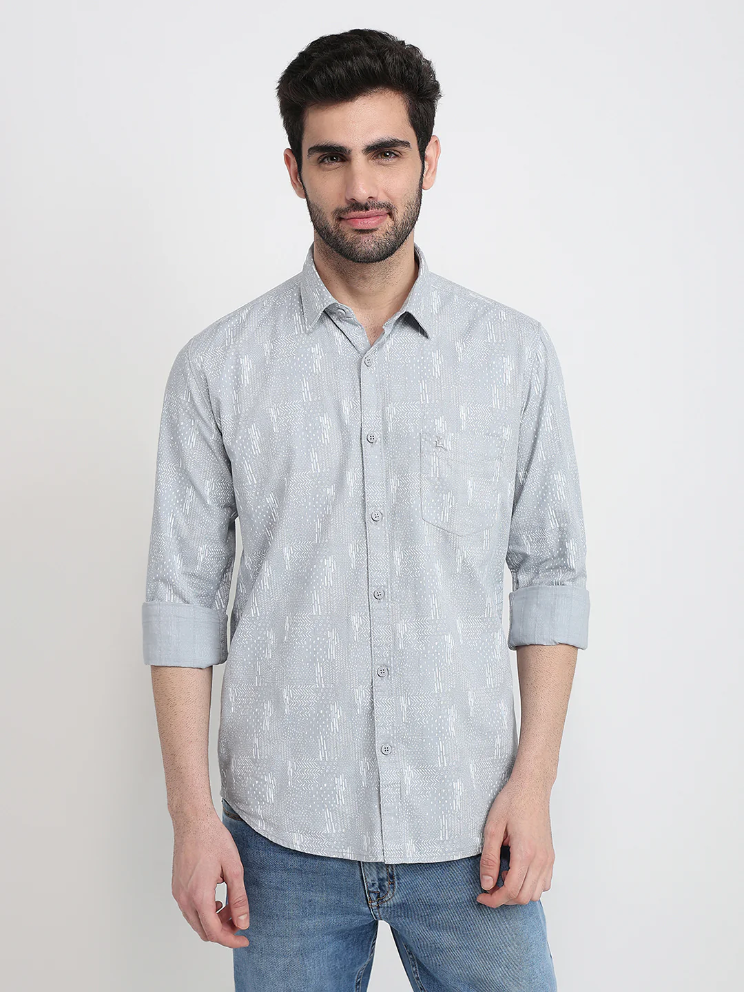 Parx Men Grey Printed Slim Fit Cotton Full Sleeve Cut Away Collar Casual Shirt