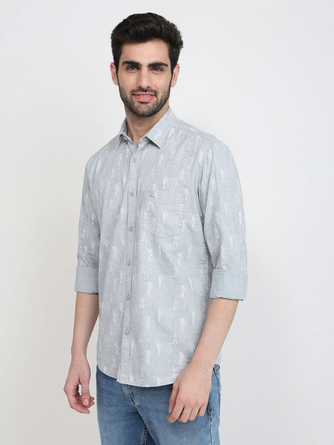 Parx Men Grey Printed Slim Fit Cotton Full Sleeve Cut Away Collar Casual Shirt - Image 2