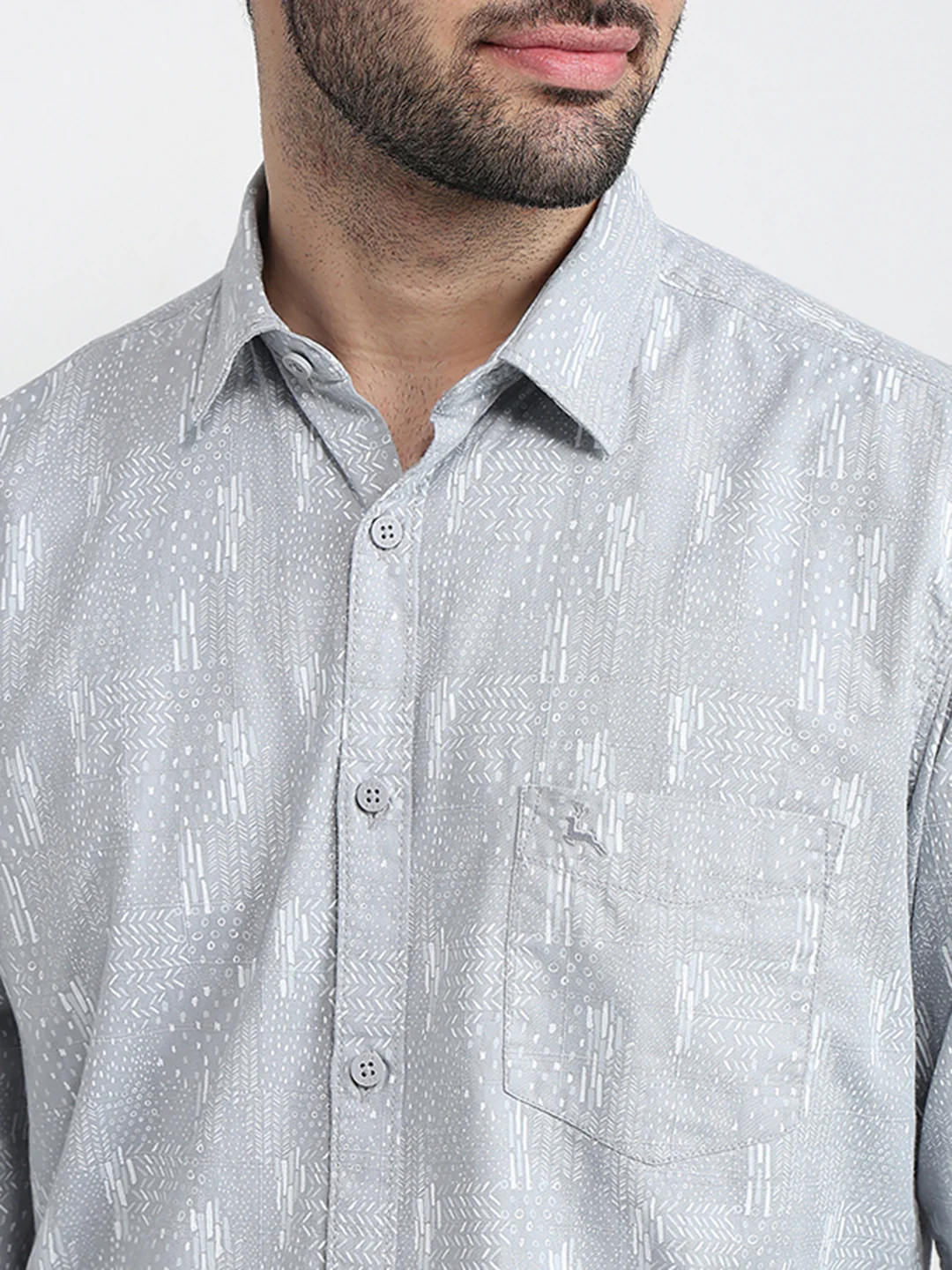 Parx Men Grey Printed Slim Fit Cotton Full Sleeve Cut Away Collar Casual Shirt - Image 5