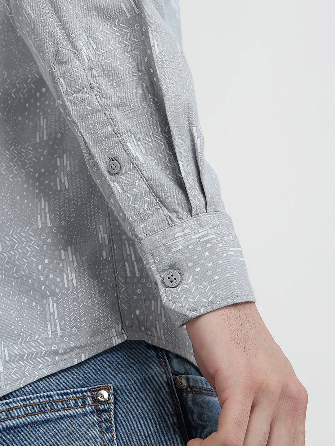 Parx Men Grey Printed Slim Fit Cotton Full Sleeve Cut Away Collar Casual Shirt - Image 6