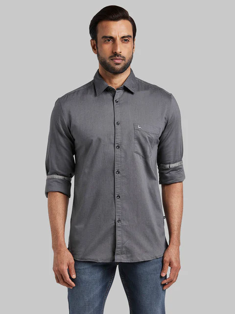 Parx Men Grey Slim Fit Solid Full Sleeve Cutaway Collar Shirt