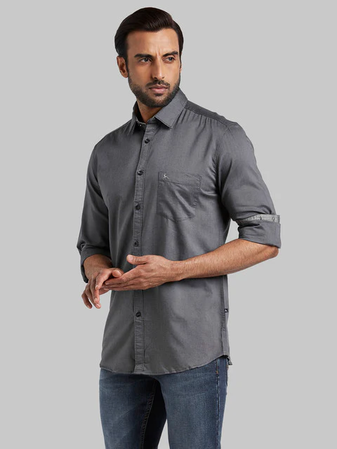 Parx Men Grey Slim Fit Solid Full Sleeve Cutaway Collar Shirt - Image 3