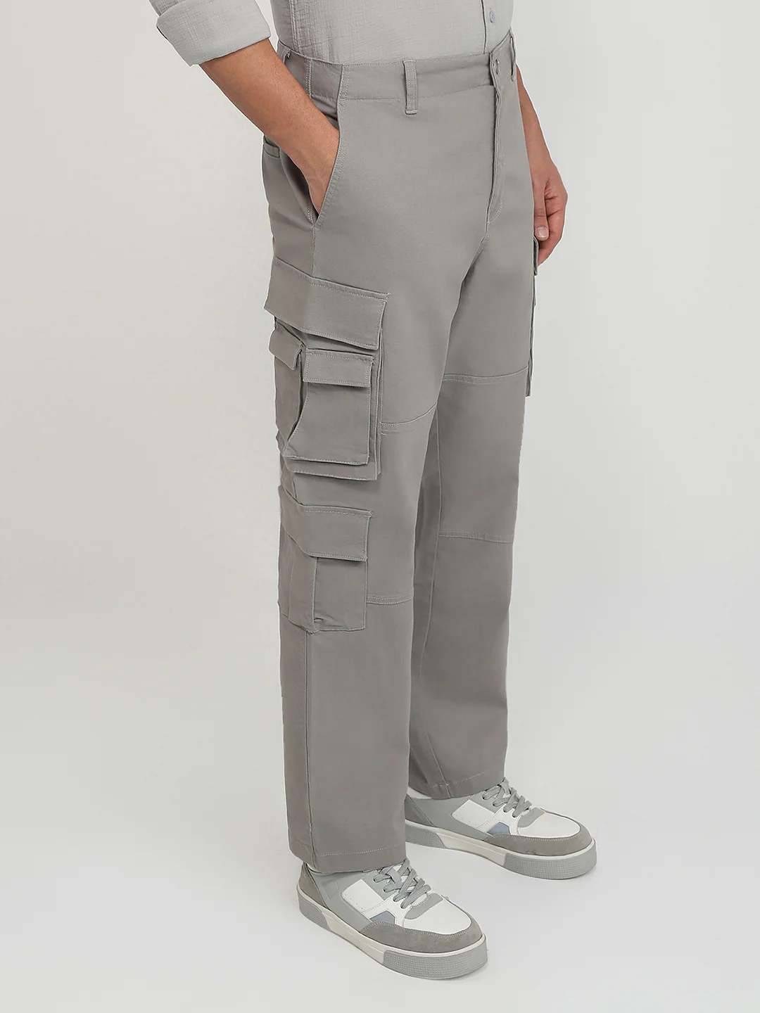 Parx Men Grey Solid Cargo Fit Cotton Blend Trouser - Image 3