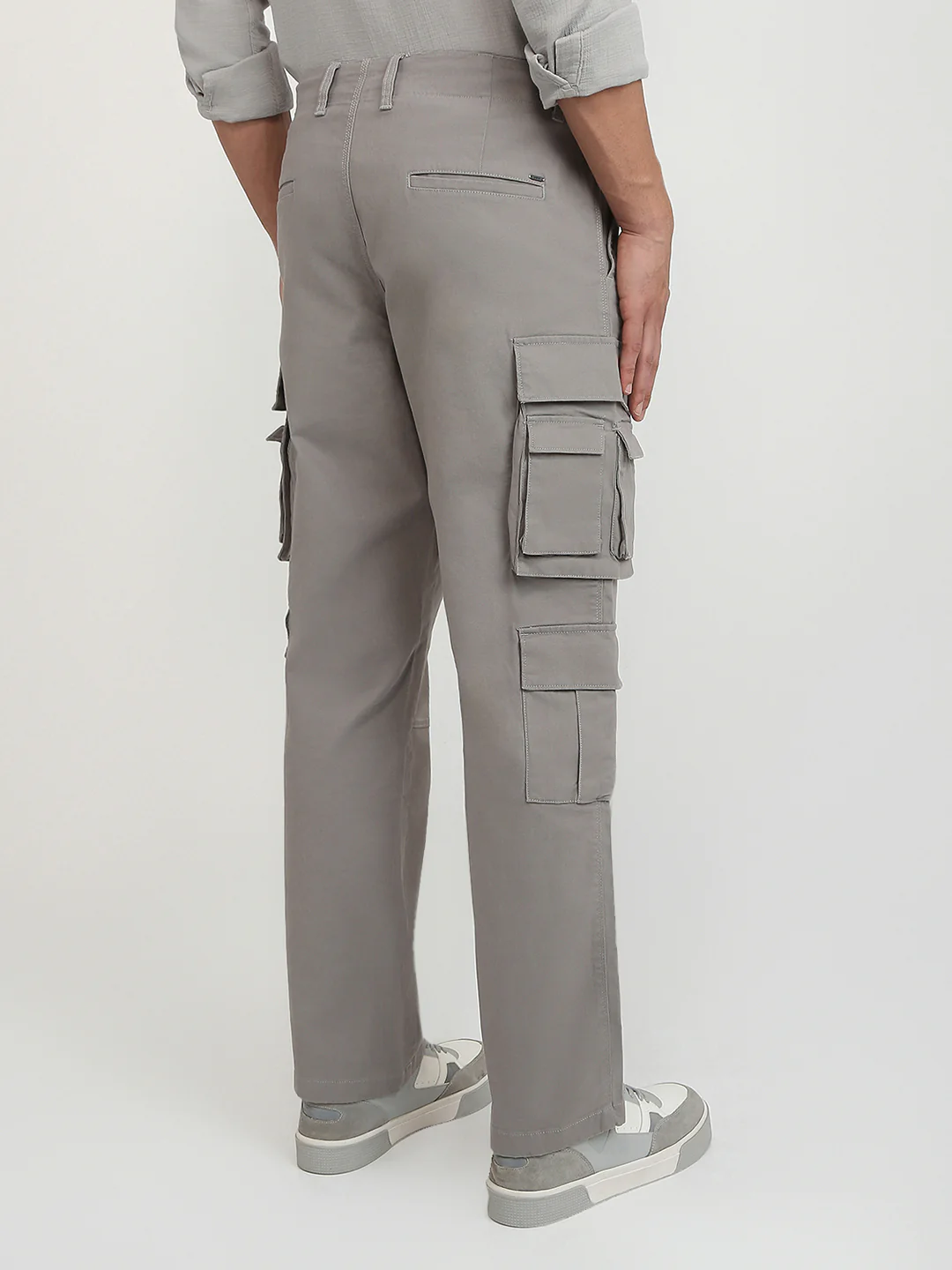 Parx Men Grey Solid Cargo Fit Cotton Blend Trouser - Image 4