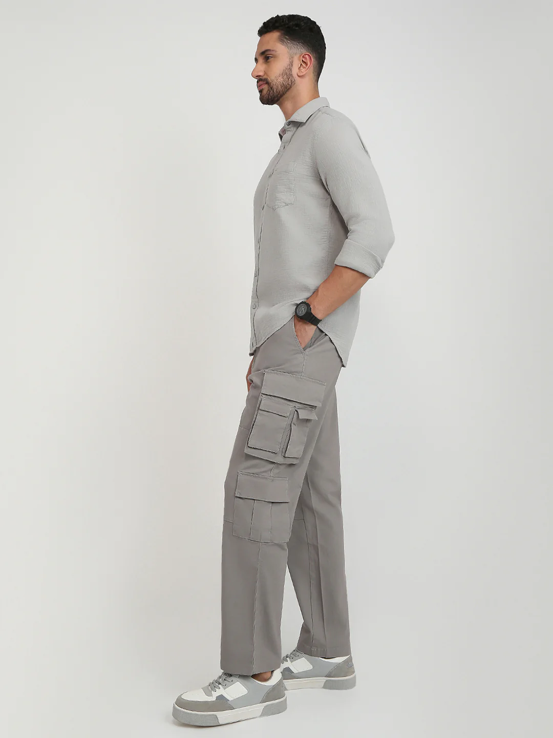Parx Men Grey Solid Cargo Fit Cotton Blend Trouser - Image 5