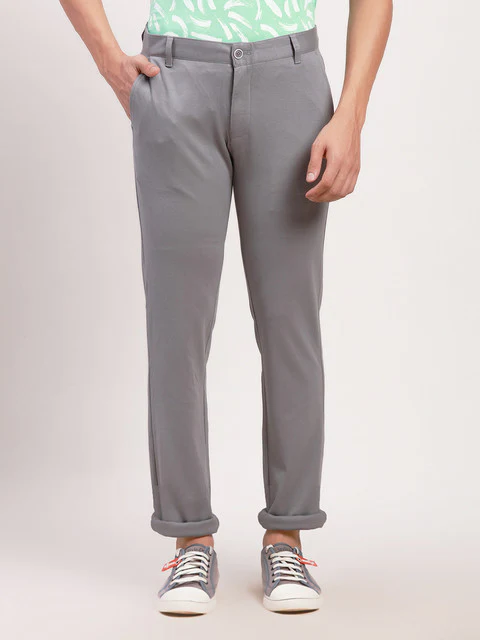 Parx Men Grey Solid Low Rise Tprd Fit Rayon Blend Trouser