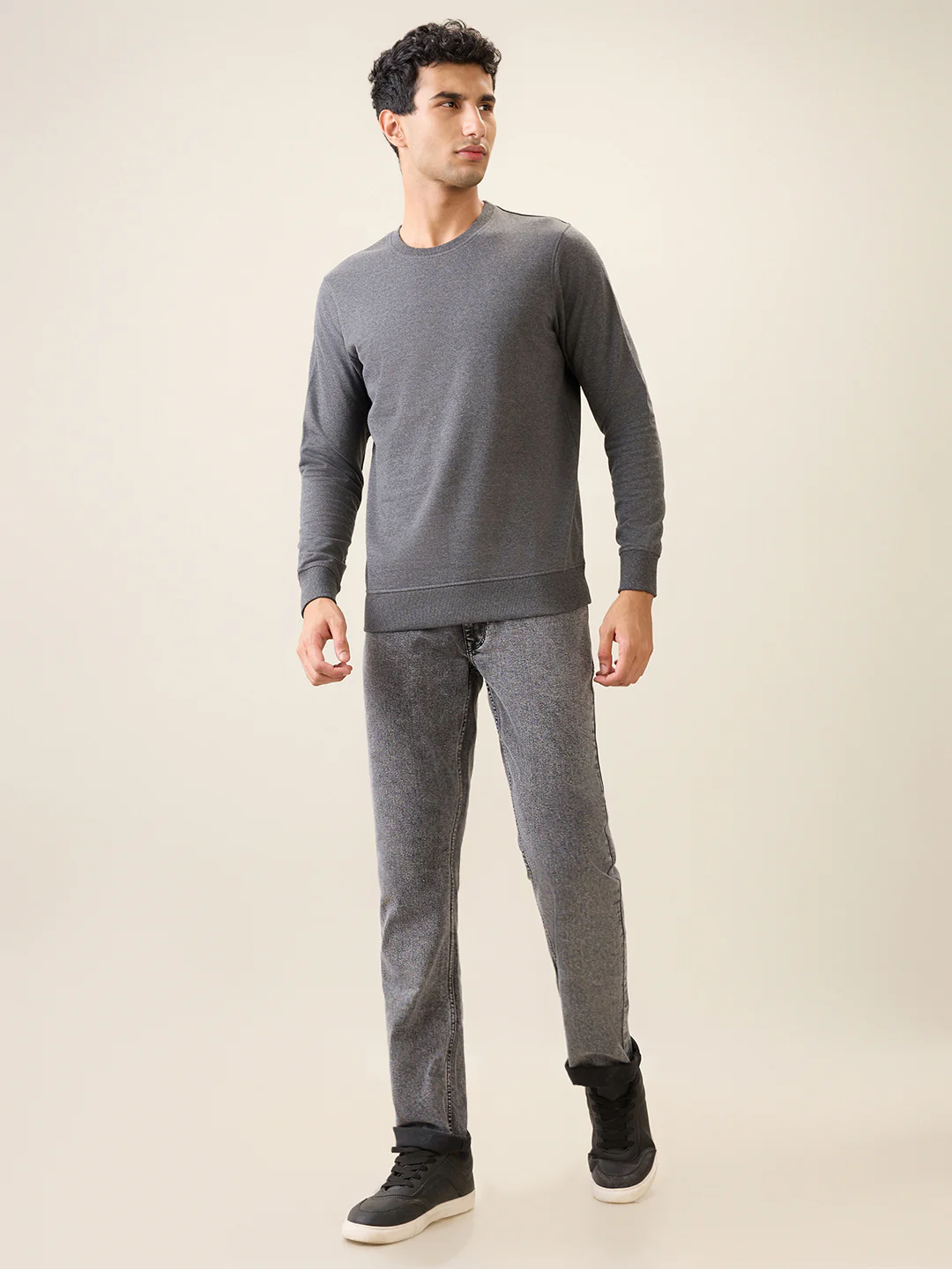 Parx Men Grey Solid Regular Fit Cotton Blend Full Sleeve Round Neck Collar Sweatshirt - Image 5