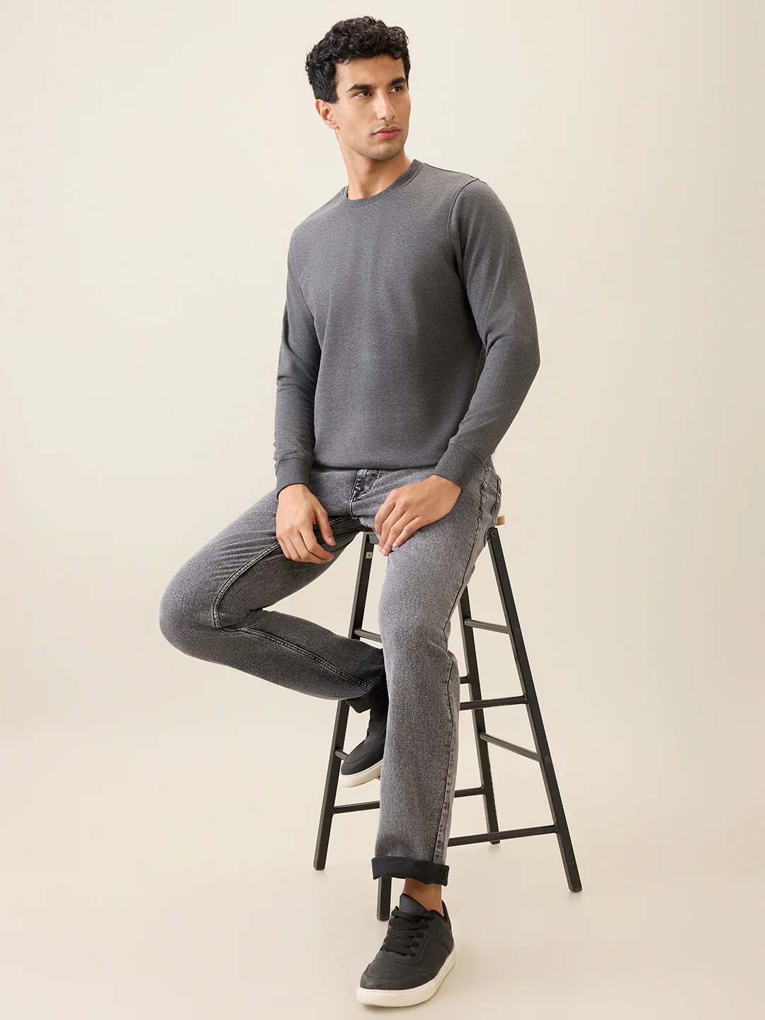 Parx Men Grey Solid Regular Fit Cotton Blend Full Sleeve Round Neck Collar Sweatshirt - Image 6