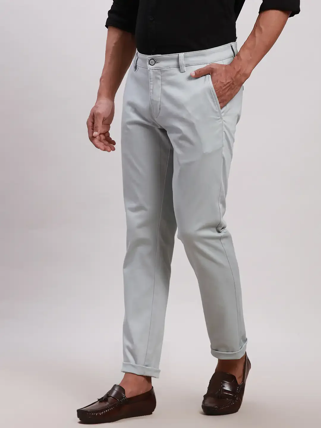 Parx Men Grey Tapered Fit Solid Cotton Spandex Trouser - Image 3