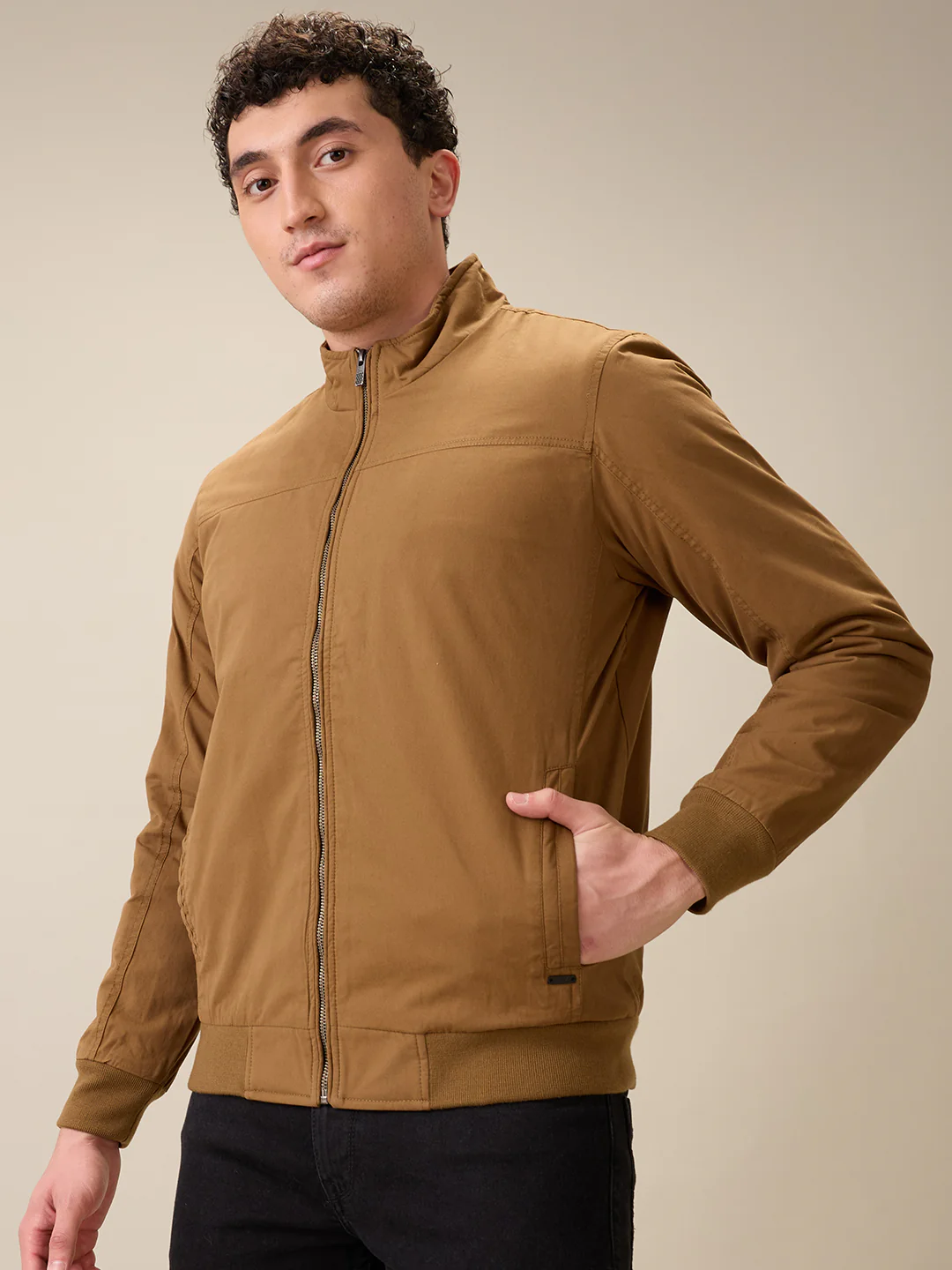 Parx Men Khaki Solid Cotton Full Sleeve Jacket - Image 3