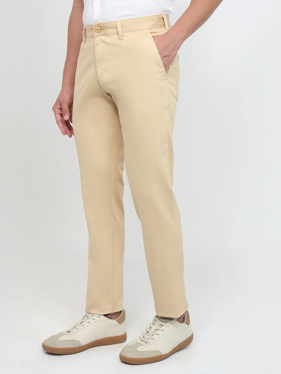 Parx Men Khaki Solid Low Rise Tapered Fit Cotton Blend Trouser - Image 2