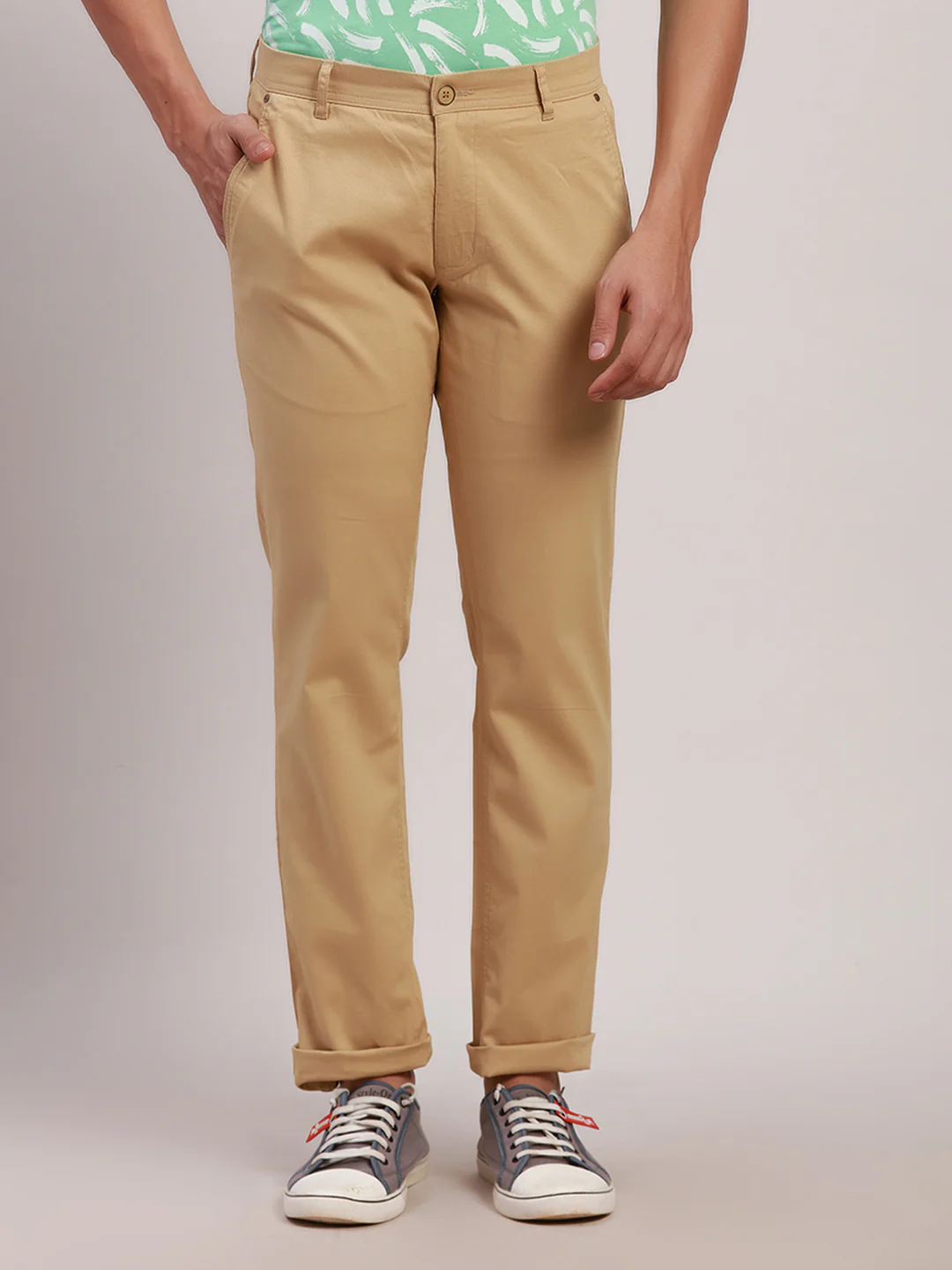 Parx Men Khaki Solid Low Rise Tapered Fit Cotton Blend Trouser