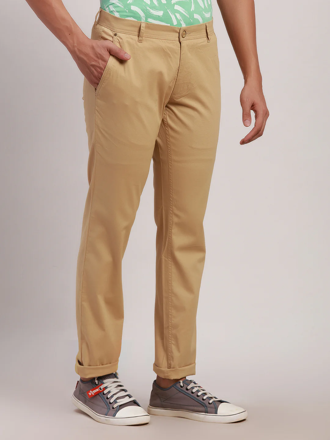 Parx Men Khaki Solid Low Rise Tapered Fit Cotton Blend Trouser - Image 2