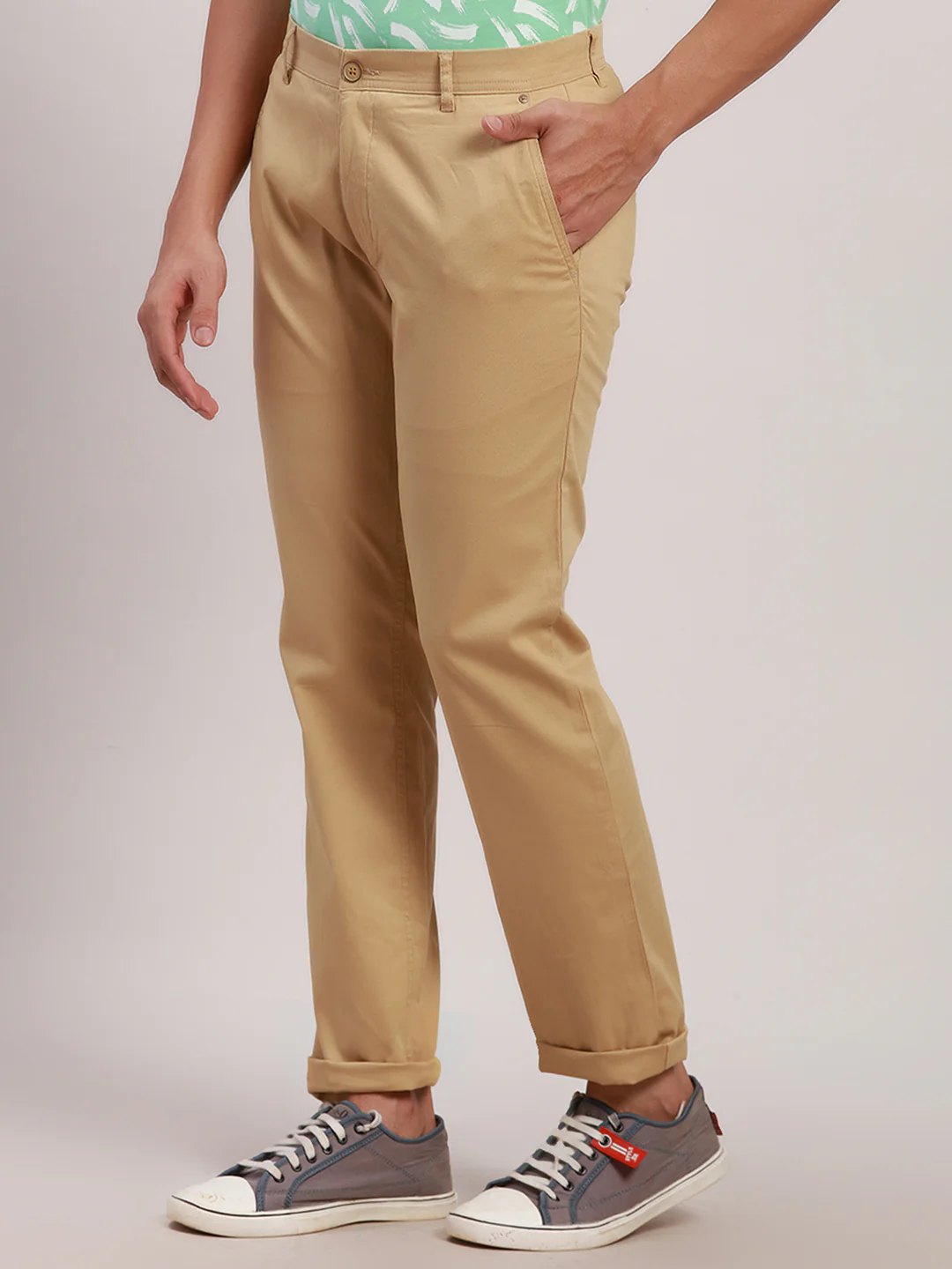 Parx Men Khaki Solid Low Rise Tapered Fit Cotton Blend Trouser - Image 3