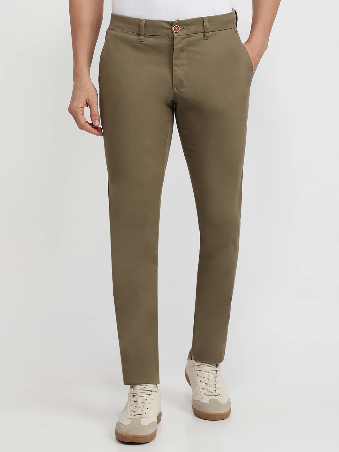 Parx Men Khaki Solid Low Rise Tapered Fit Cotton Blend Trouser