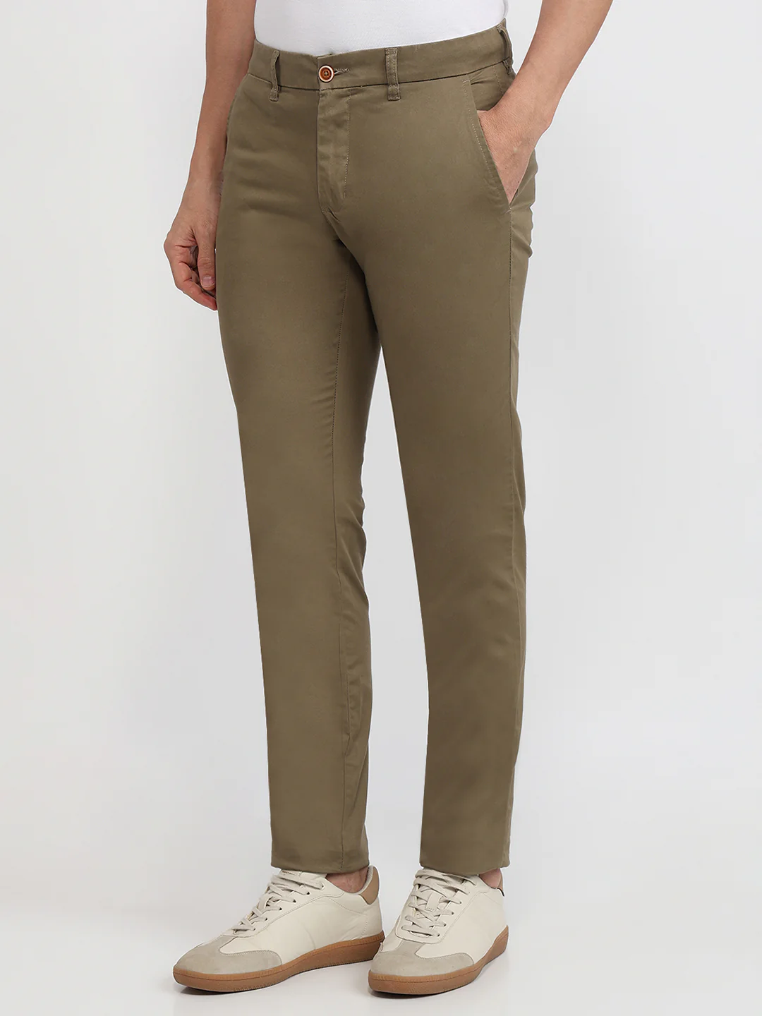 Parx Men Khaki Solid Low Rise Tapered Fit Cotton Blend Trouser - Image 2