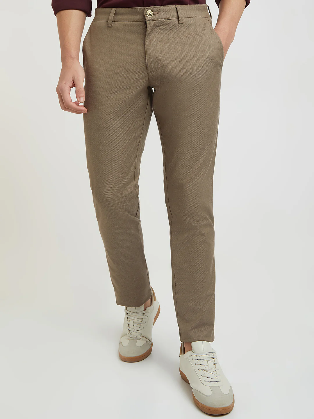 Parx Men Khaki Solid Low Rise Tapered Fit Cotton Blend Trouser