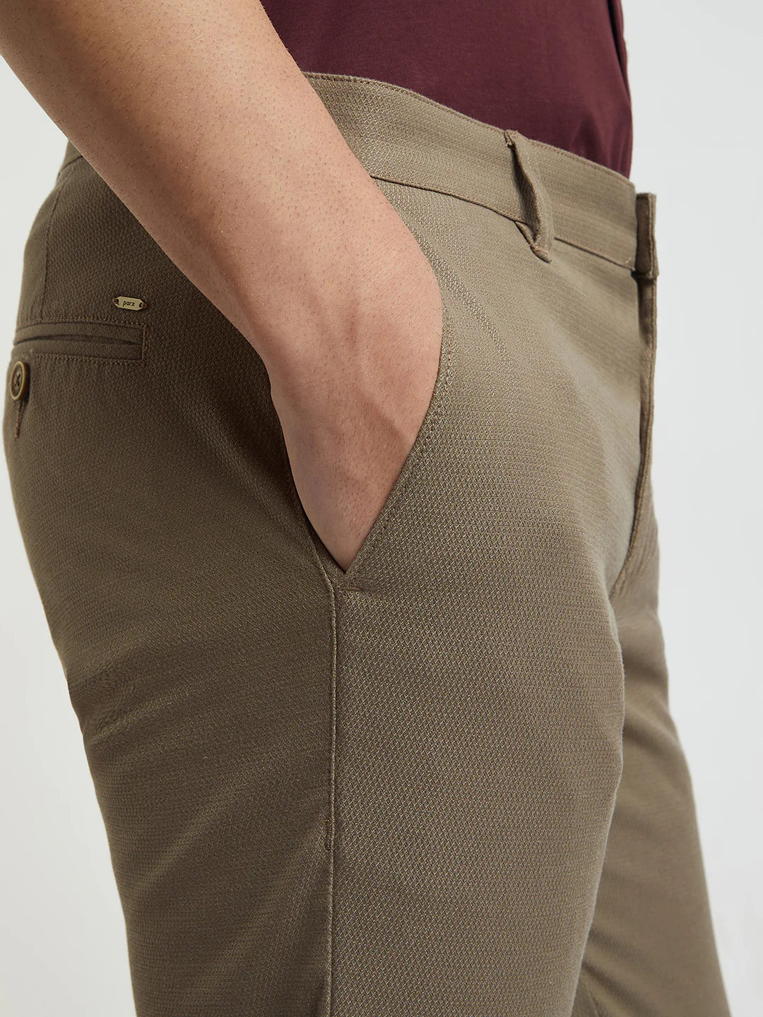 Parx Men Khaki Solid Low Rise Tapered Fit Cotton Blend Trouser - Image 6