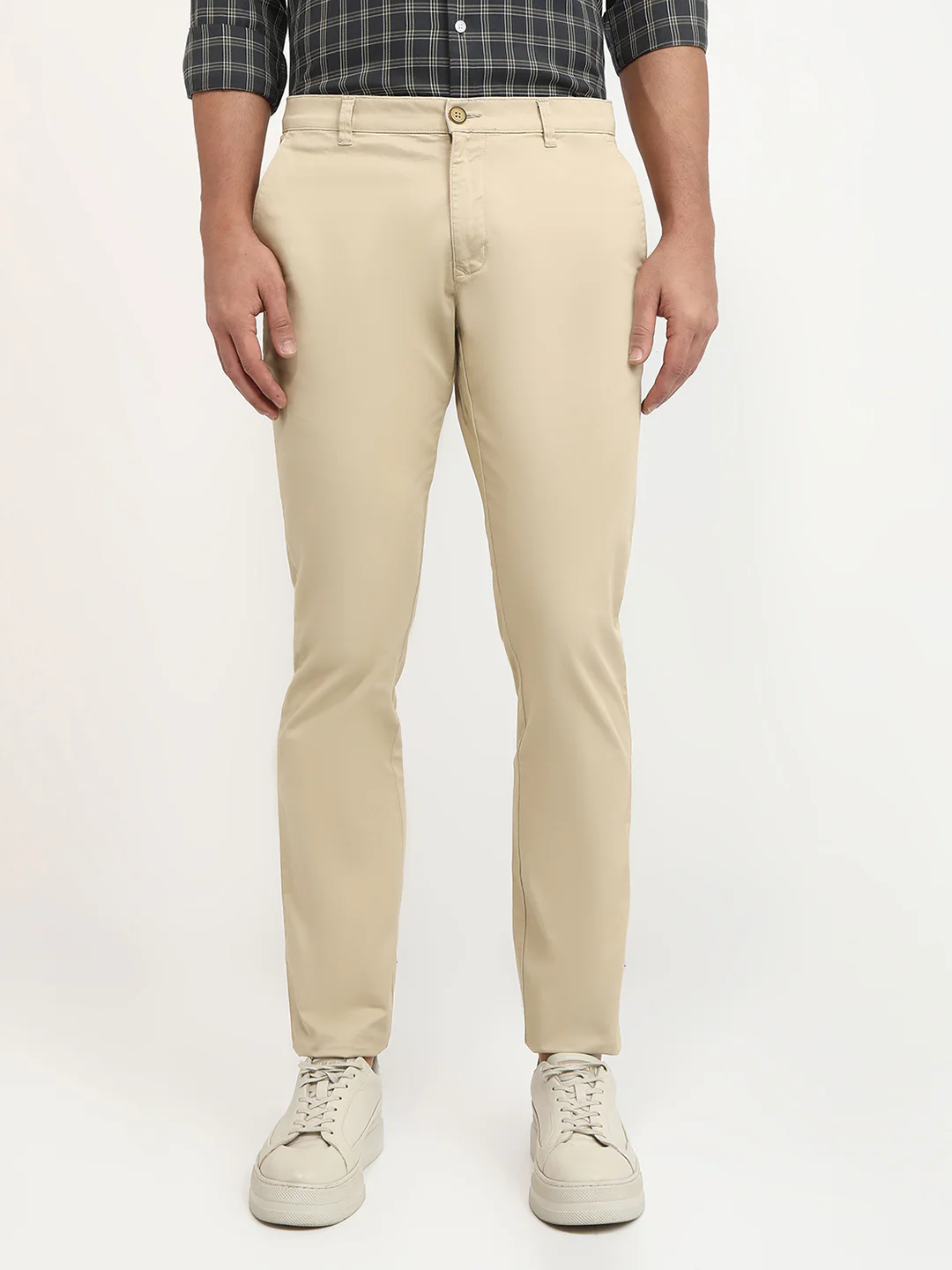 Parx Men Khaki Twill Low Rise Tapered Cotton Blend Trouser