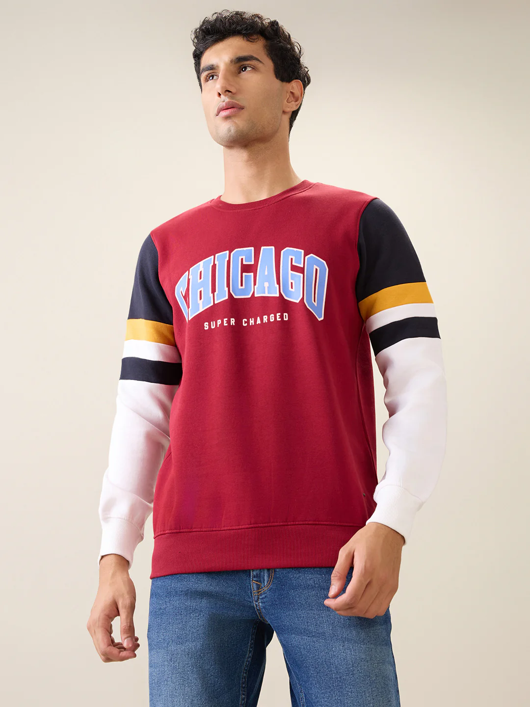 Parx Men Maroon Cut & Sew Regular Fit Cotton Blend Full Sleeve Round Neck Collar Sweatshirt