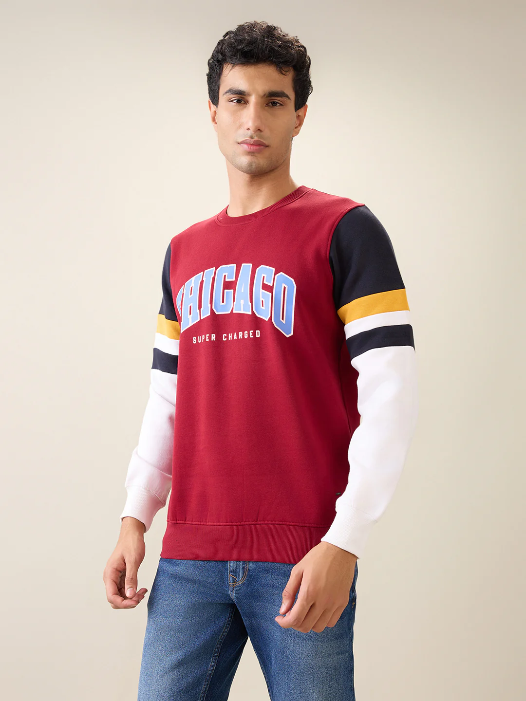 Parx Men Maroon Cut & Sew Regular Fit Cotton Blend Full Sleeve Round Neck Collar Sweatshirt - Image 2