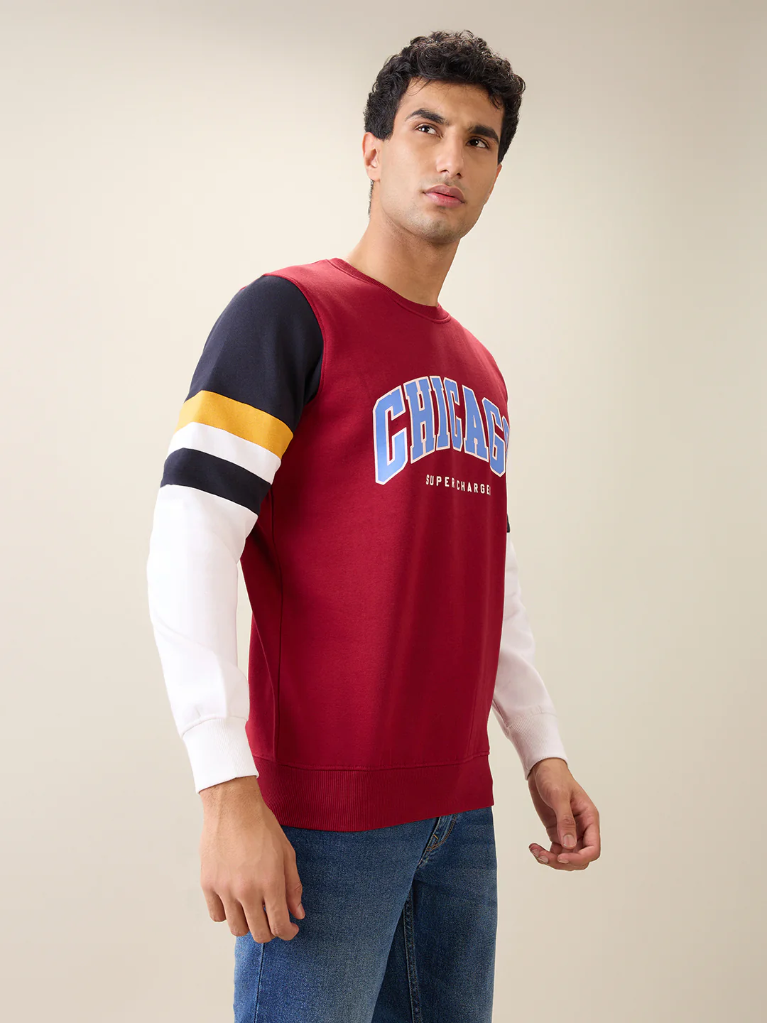 Parx Men Maroon Cut & Sew Regular Fit Cotton Blend Full Sleeve Round Neck Collar Sweatshirt - Image 3