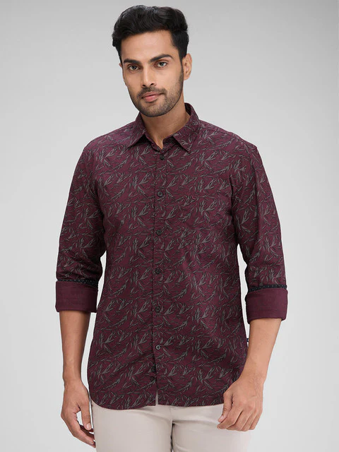 Parx Men Maroon Printed Slim Fit Cotton Shirt