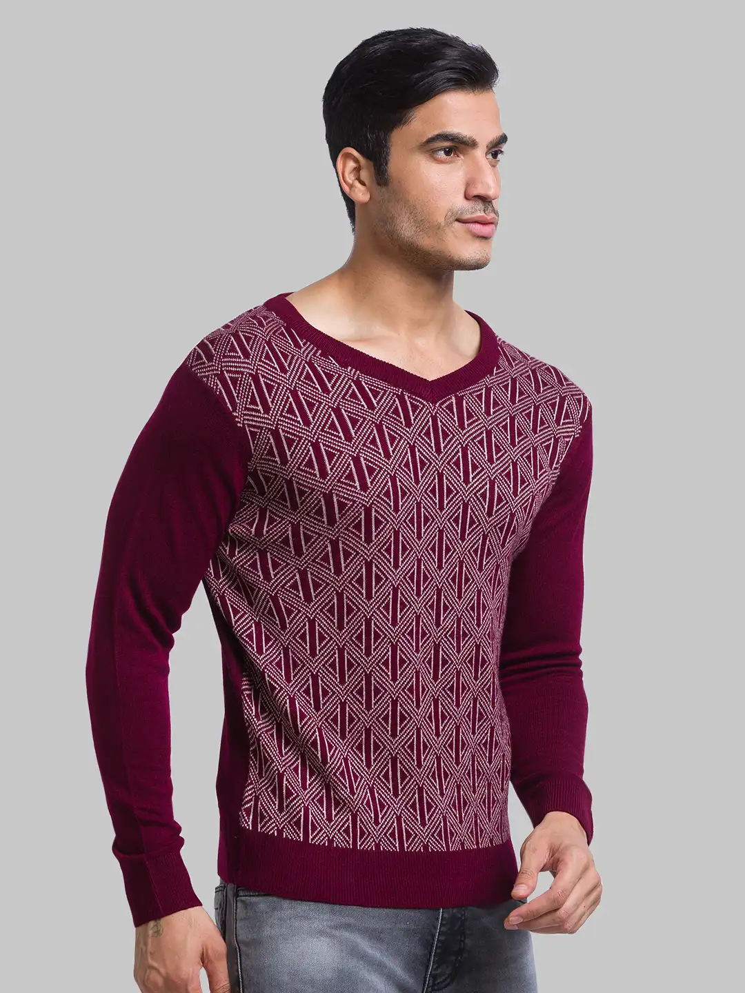 Parx Men Maroon Regular Fit Yarn Dyed Acrylic Full Sleeves V Neck Sweater - Image 2