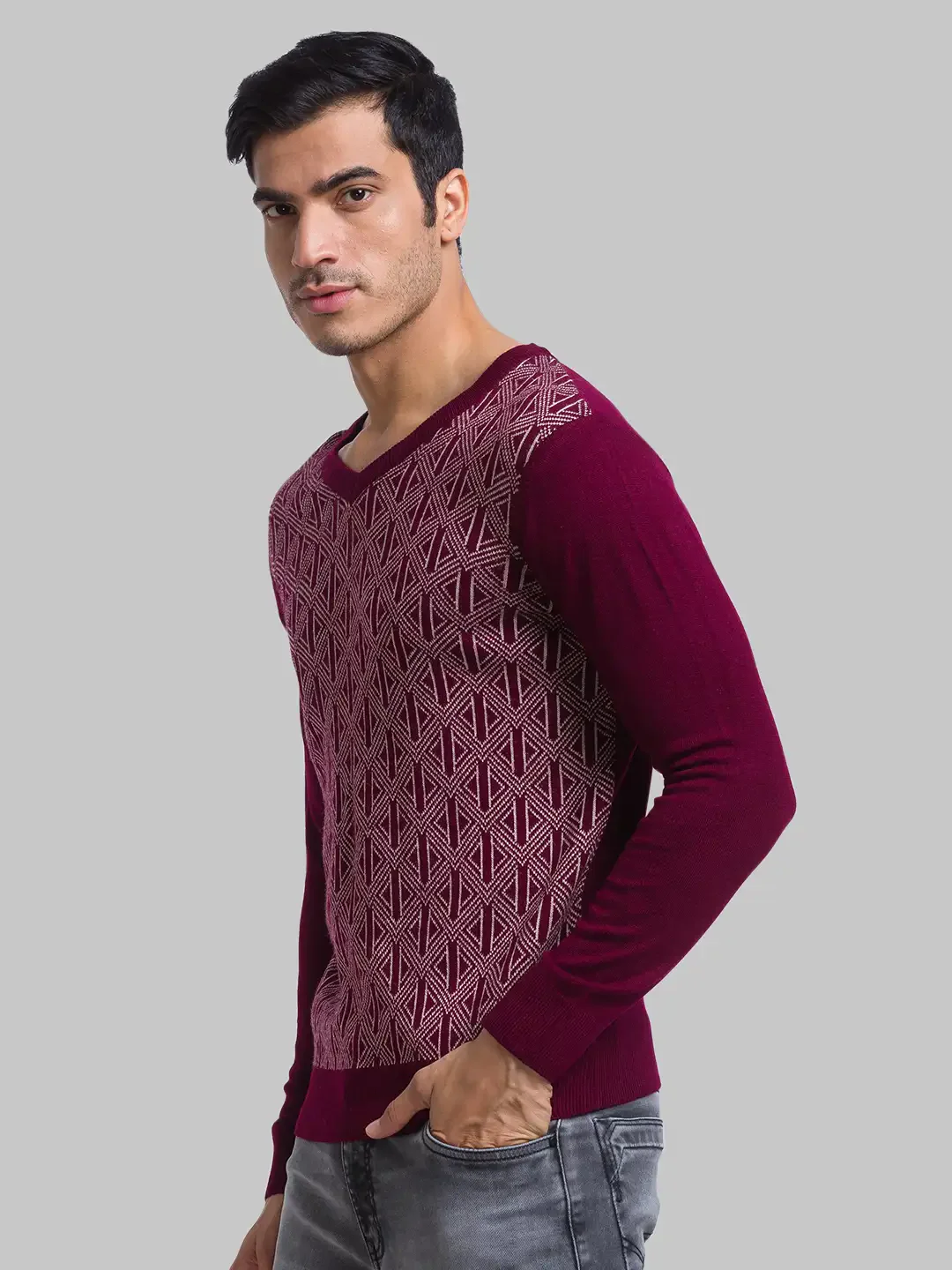 Parx Men Maroon Regular Fit Yarn Dyed Acrylic Full Sleeves V Neck Sweater - Image 3
