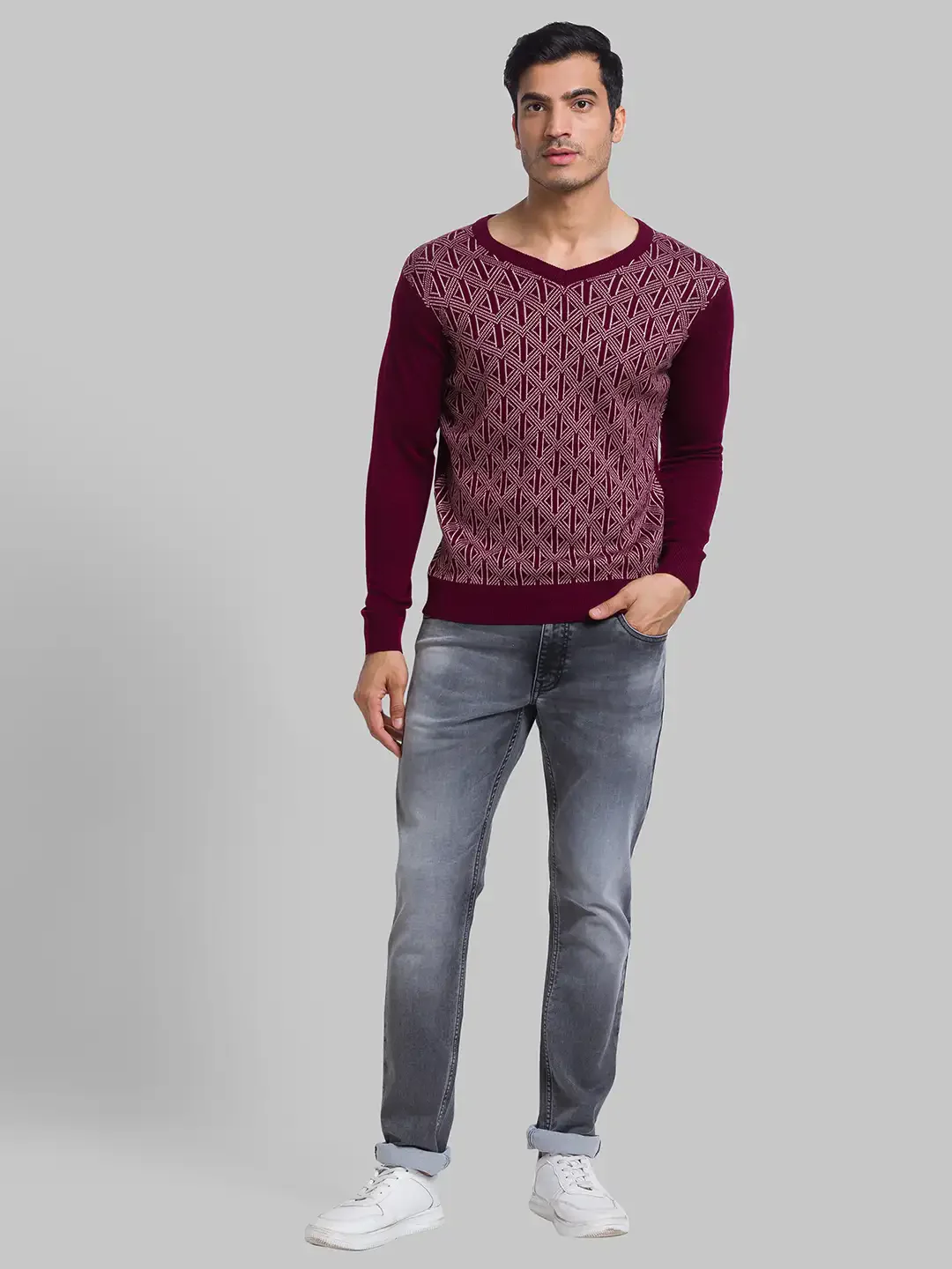 Parx Men Maroon Regular Fit Yarn Dyed Acrylic Full Sleeves V Neck Sweater - Image 5
