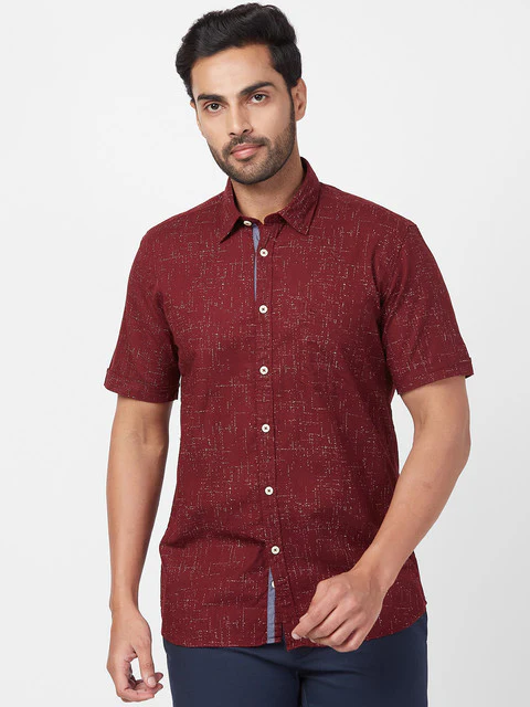 Parx Men Maroon Slim Fit Printed Half Sleeve Cutaway Collar Shirt