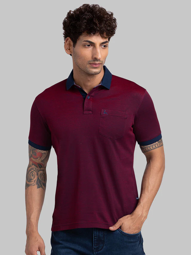 Parx Men Maroon Woven Design Regular Fit Half Sleeve Polo Neck T-Shirt