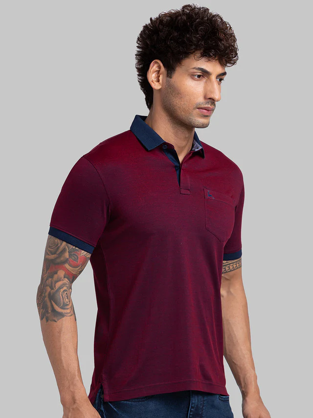 Parx Men Maroon Woven Design Regular Fit Half Sleeve Polo Neck T-Shirt - Image 2