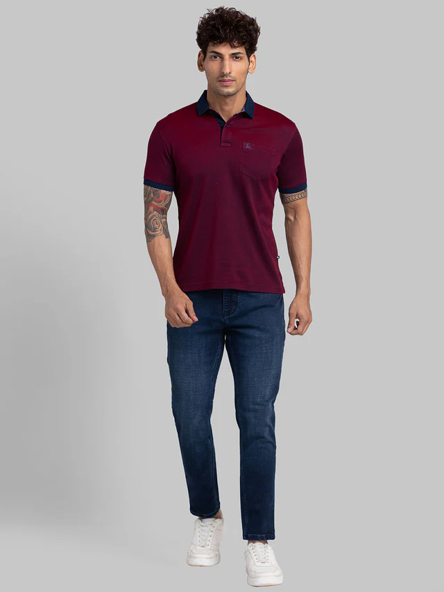 Parx Men Maroon Woven Design Regular Fit Half Sleeve Polo Neck T-Shirt - Image 5