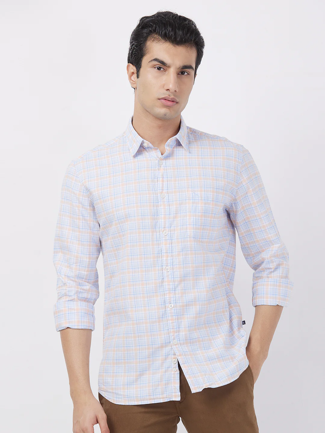 Parx Men Orange Checks Slim Fit Cotton Shirt