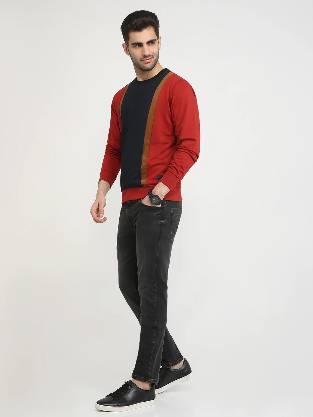 Parx Men Orange Cut & Sew Regular Fit Cotton Blend Full Sleeve Round Neck Collar Sweatshirt - Image 5