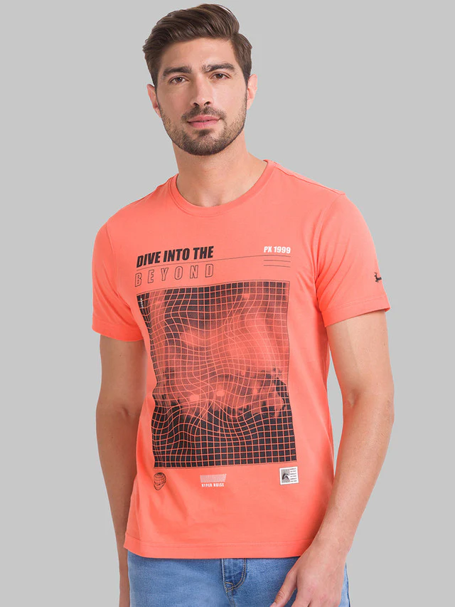 Parx Men Orange Printed Regular Fit Half Sleeve Round Neck T-Shirt