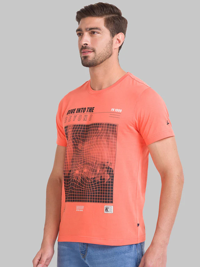 Parx Men Orange Printed Regular Fit Half Sleeve Round Neck T-Shirt - Image 3